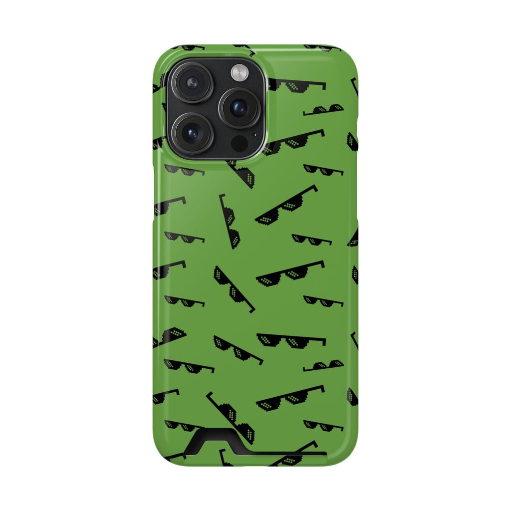 Green phone case with black sunglasses pattern on a white background