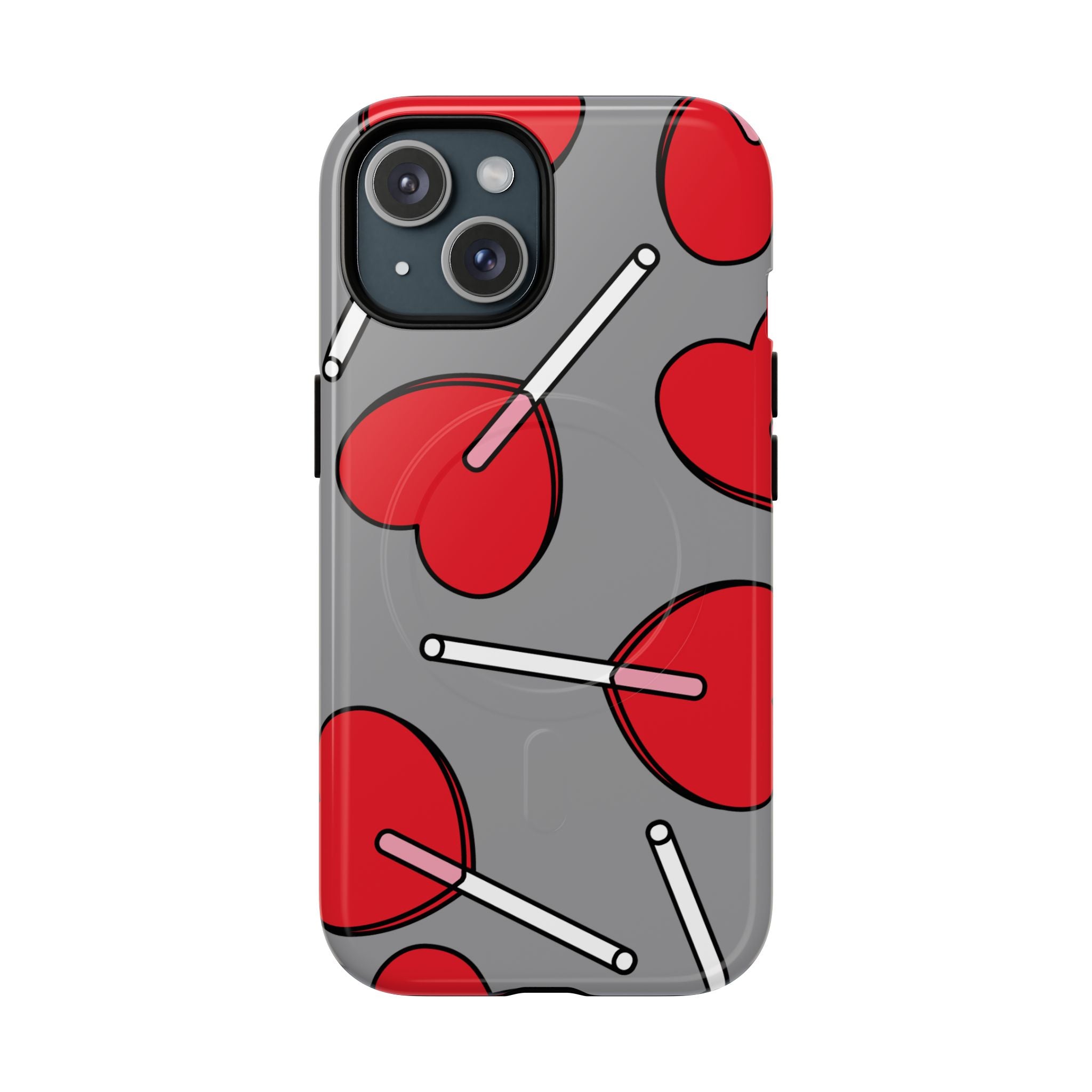 Phone case with red circular and white stick pattern on gray background