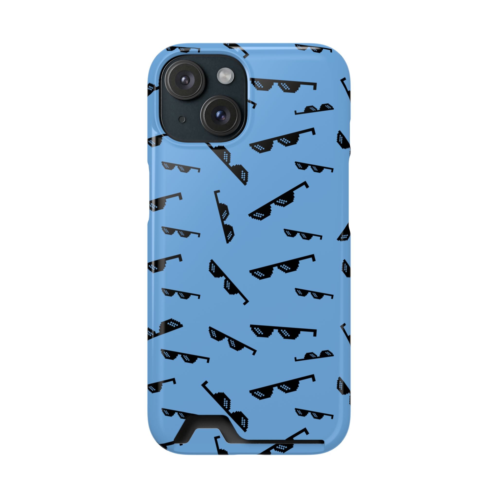 Phone case with black sunglasses pattern on a blue background