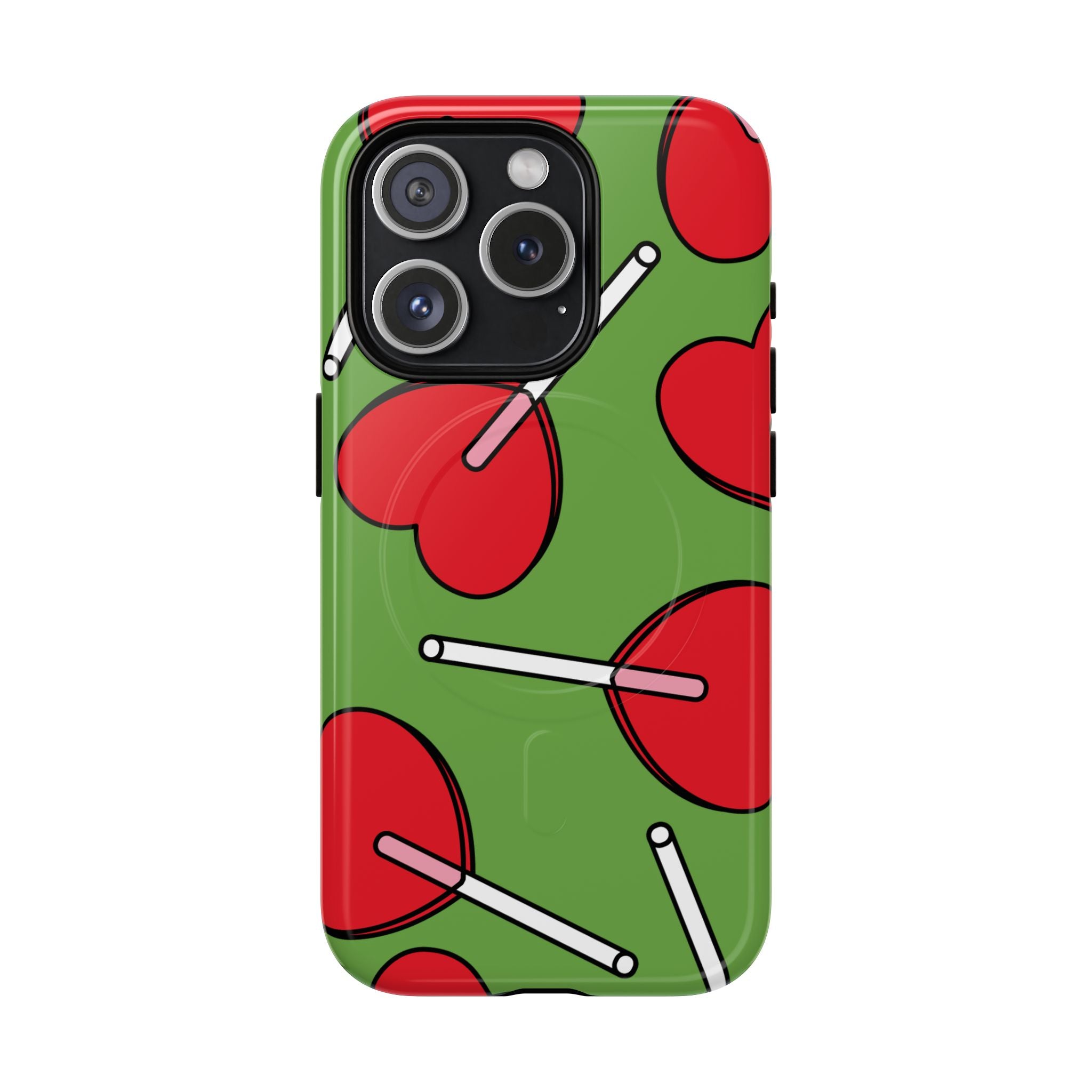 Phone case with red ladybug pattern on a green background