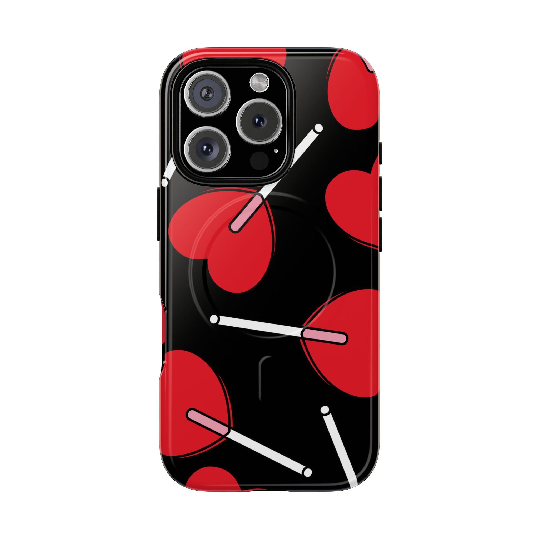 Phone case with red polka dots and white stick design on a black background