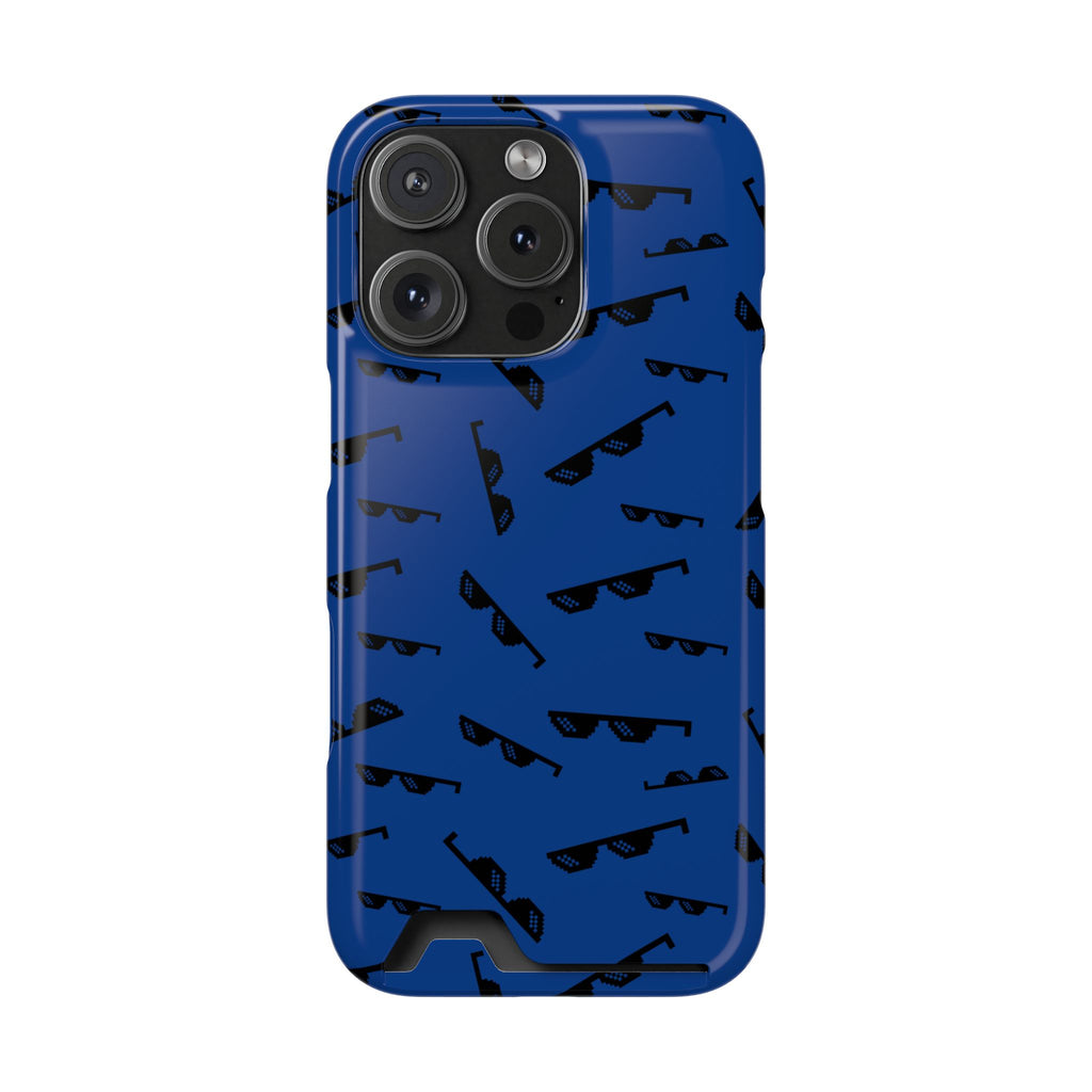 Blue phone case with black sunglasses pattern on a white background