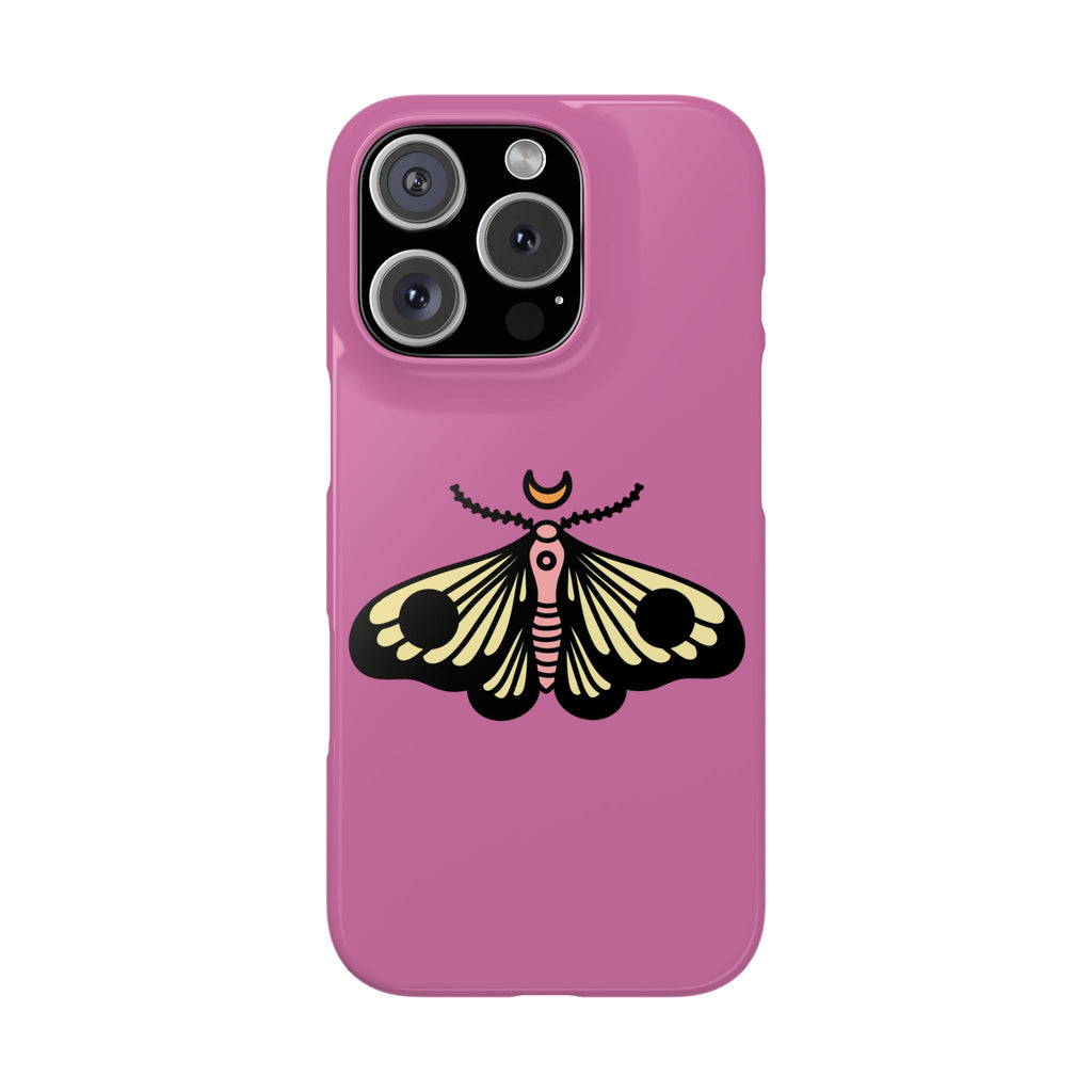 Pink phone case with a black and yellow moth design on a white background