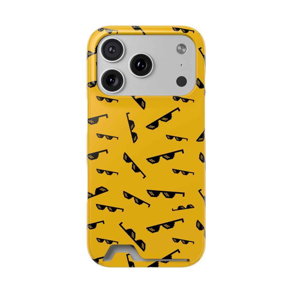 Yellow phone case with black sunglasses pattern on a white background