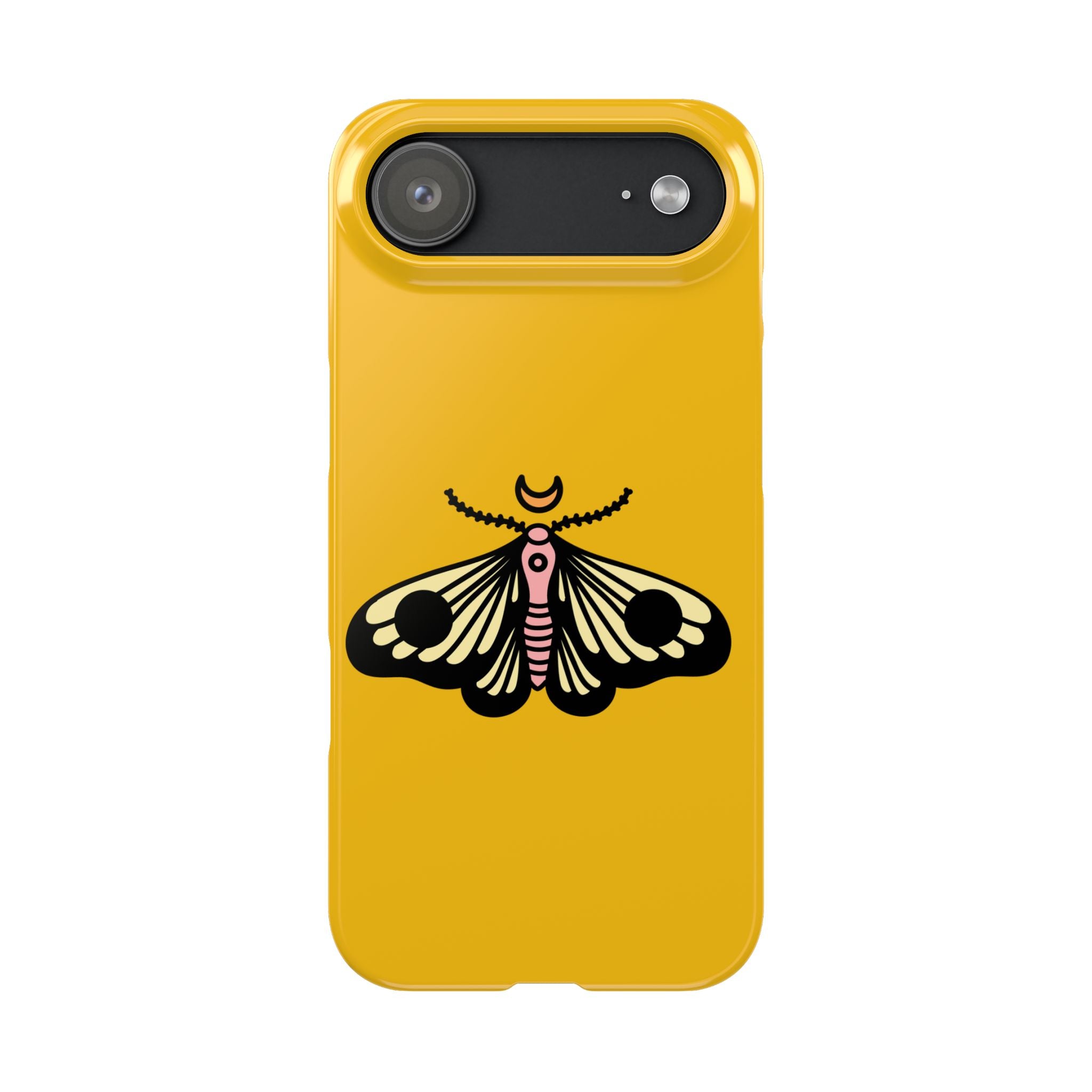 Yellow phone case with a black and pink moth design on a white background