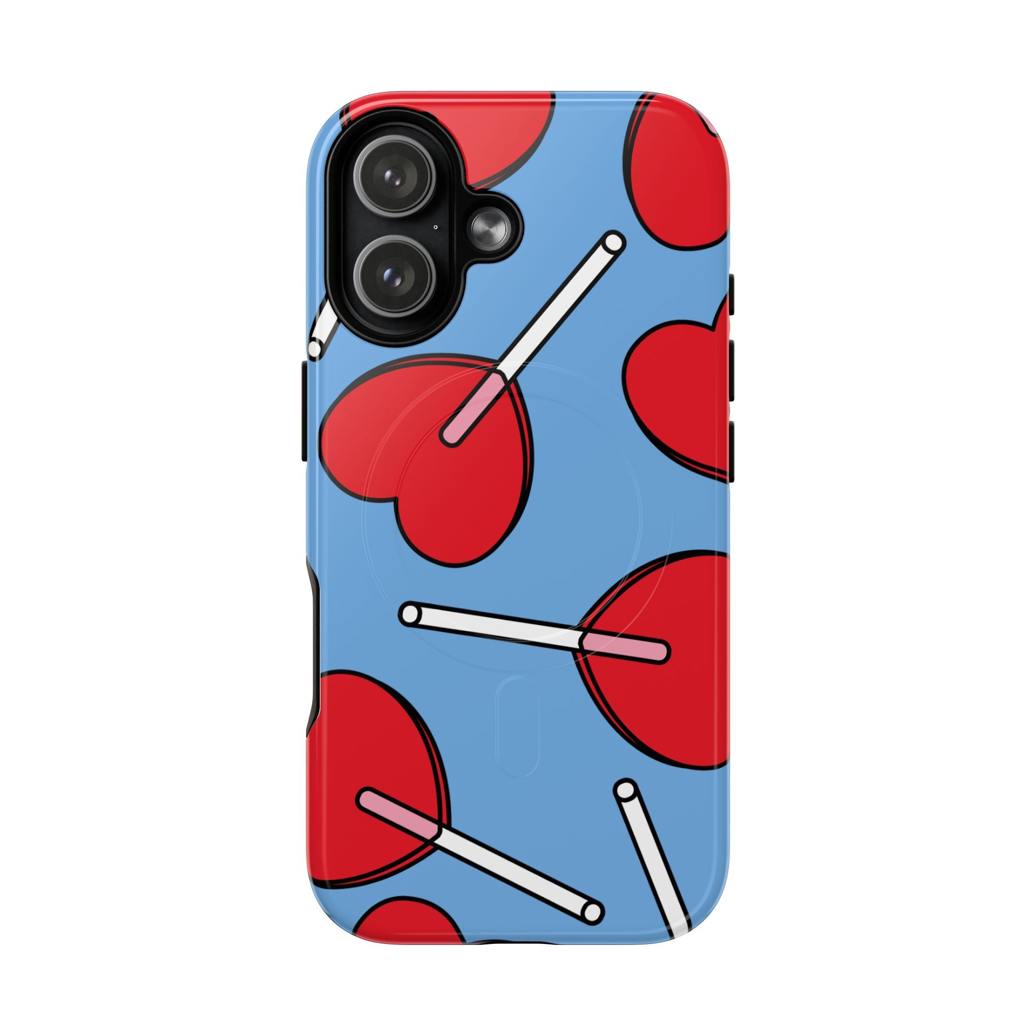 Phone case with red circular patterns and white sticks on a blue background