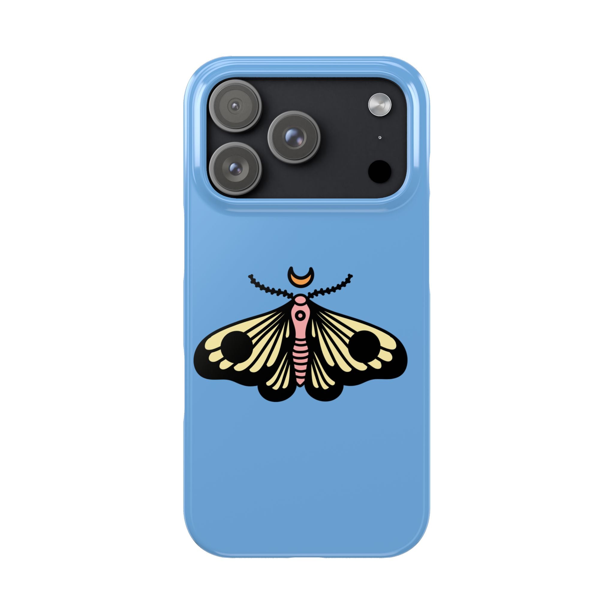 Blue phone case with a black and yellow moth design on a white background