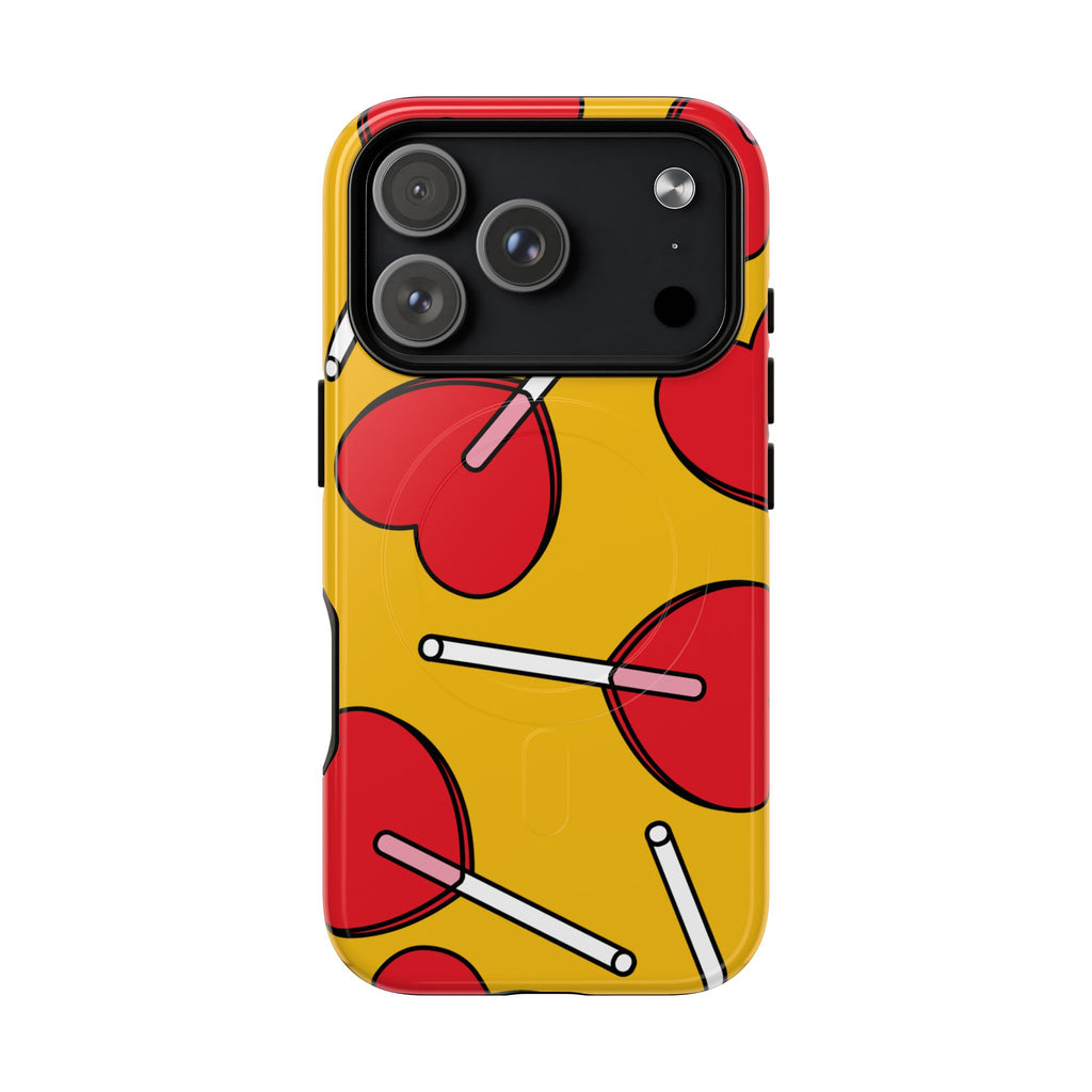 Phone case with red circular design on a yellow background