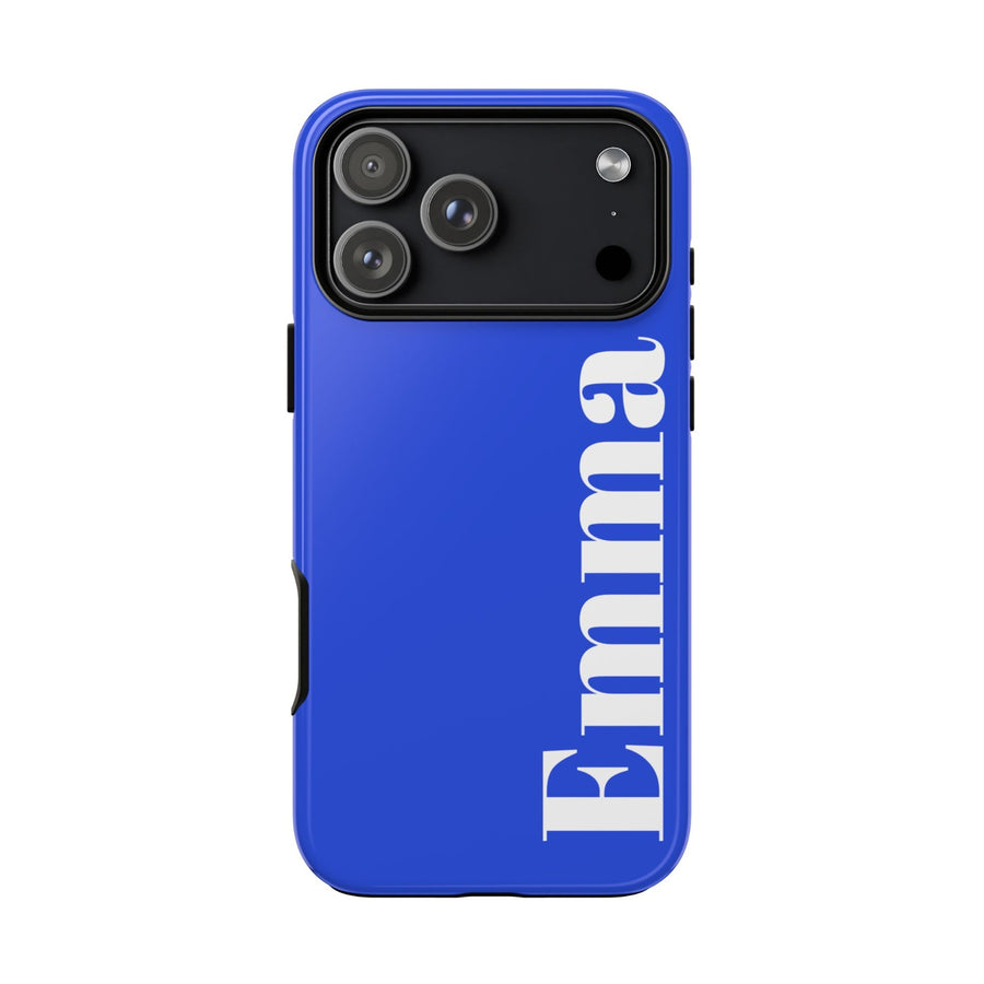 Cobalt blue name case printed with the name Emma in white serif lettering, shown from the back