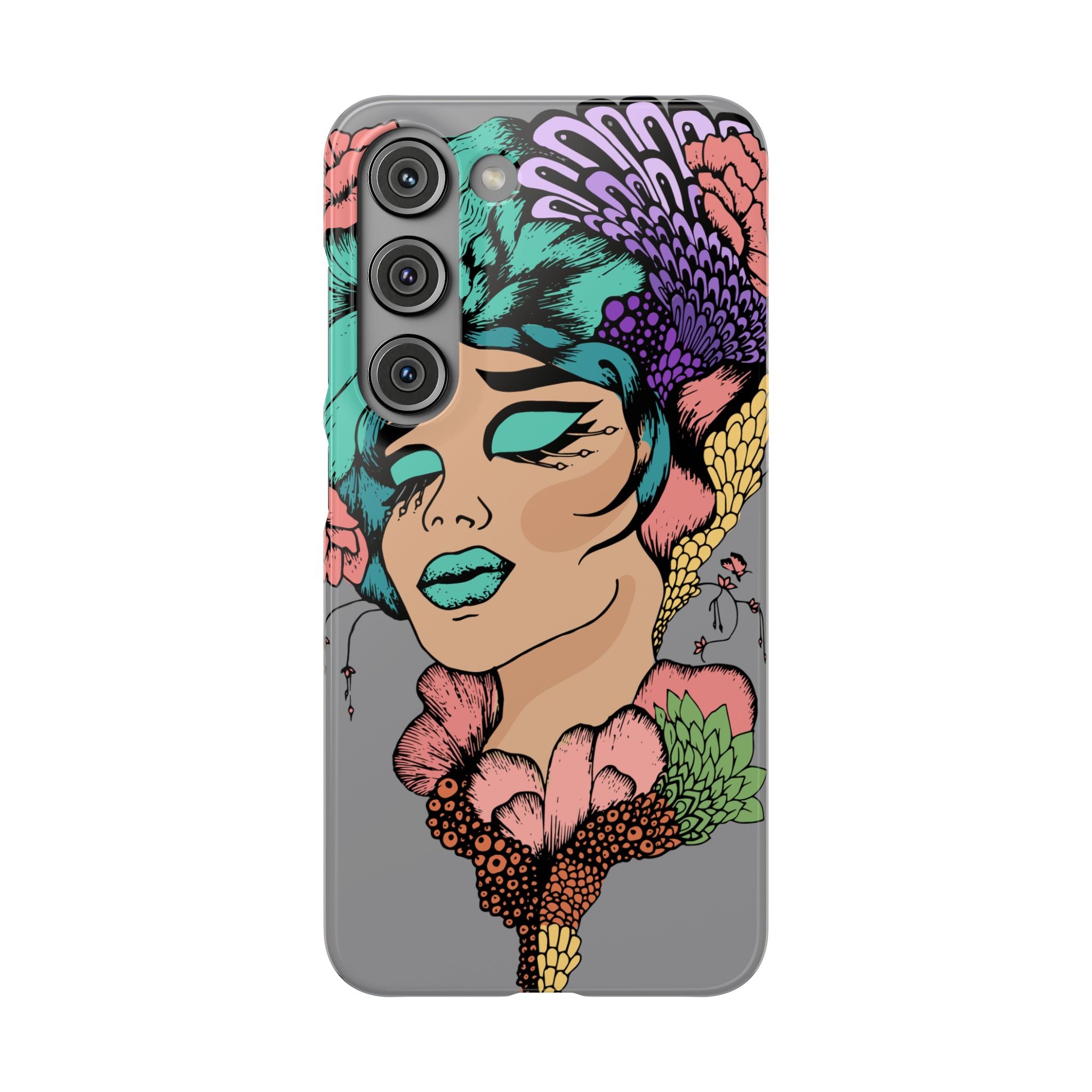 Phone case with a colorful design of a woman's face and floral elements on a grey background