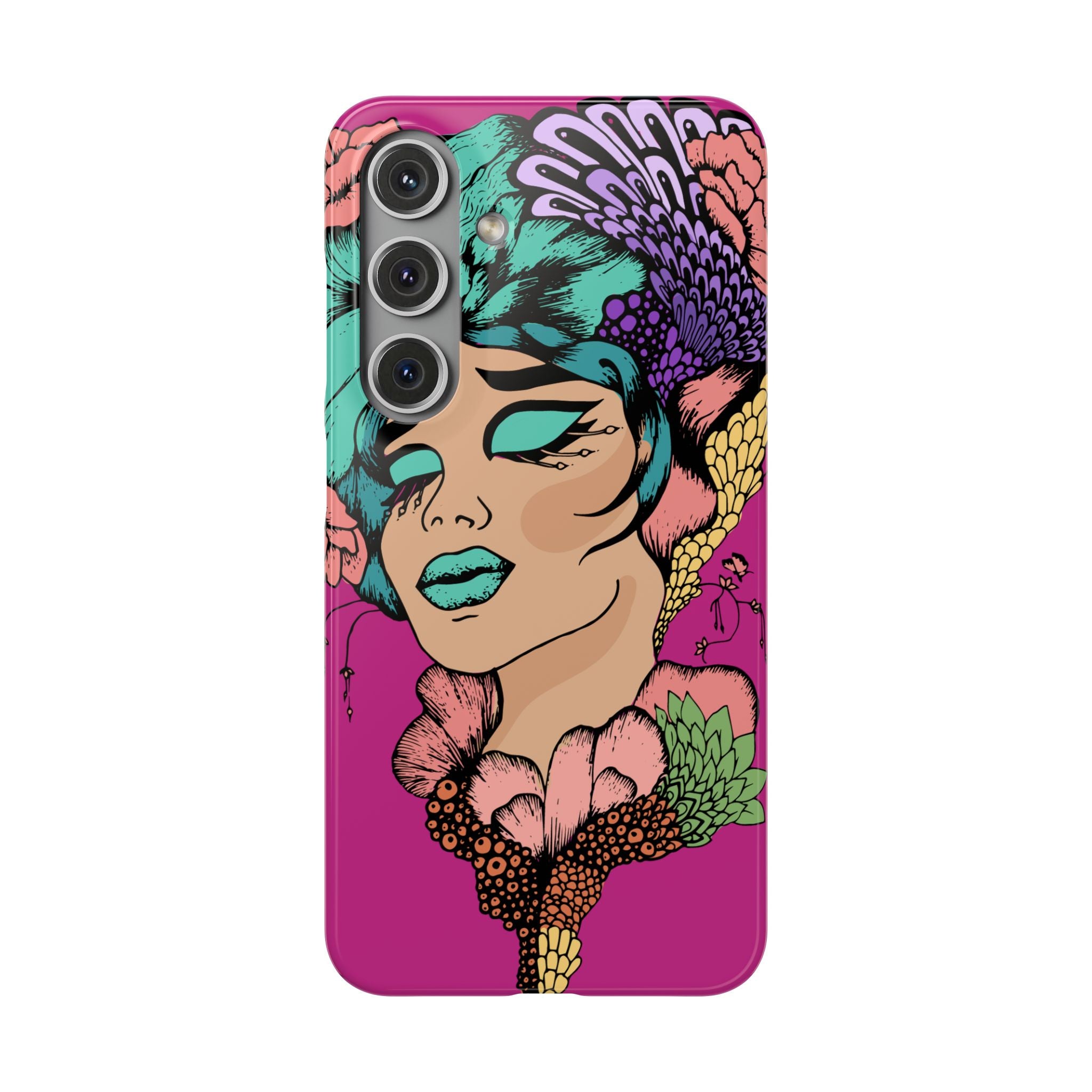 Phone case with a colorful design of a woman's face on a pink background