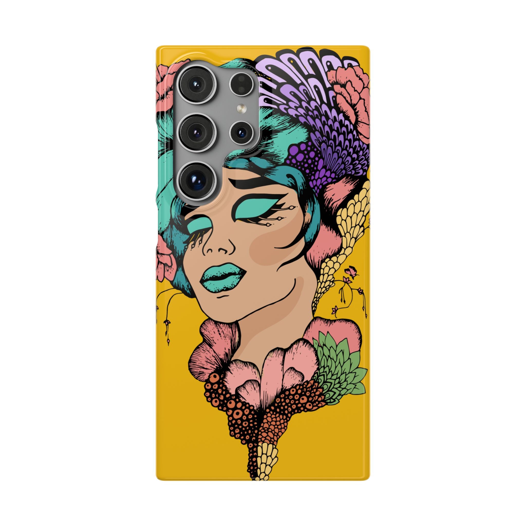 Phone case with a colorful design of a woman's face and floral elements on a yellow background