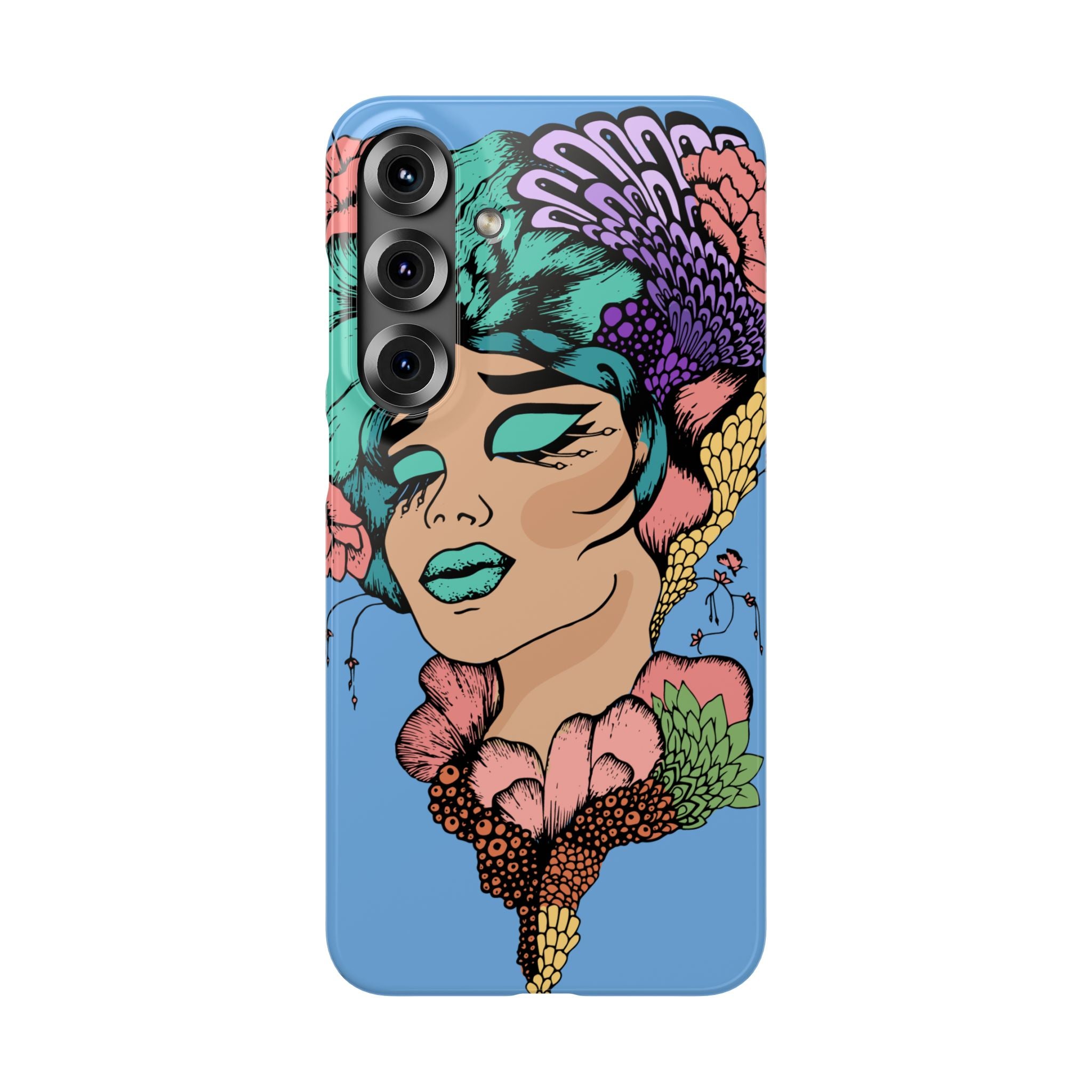 Phone case with a colorful design of a woman's face and floral elements on a blue background