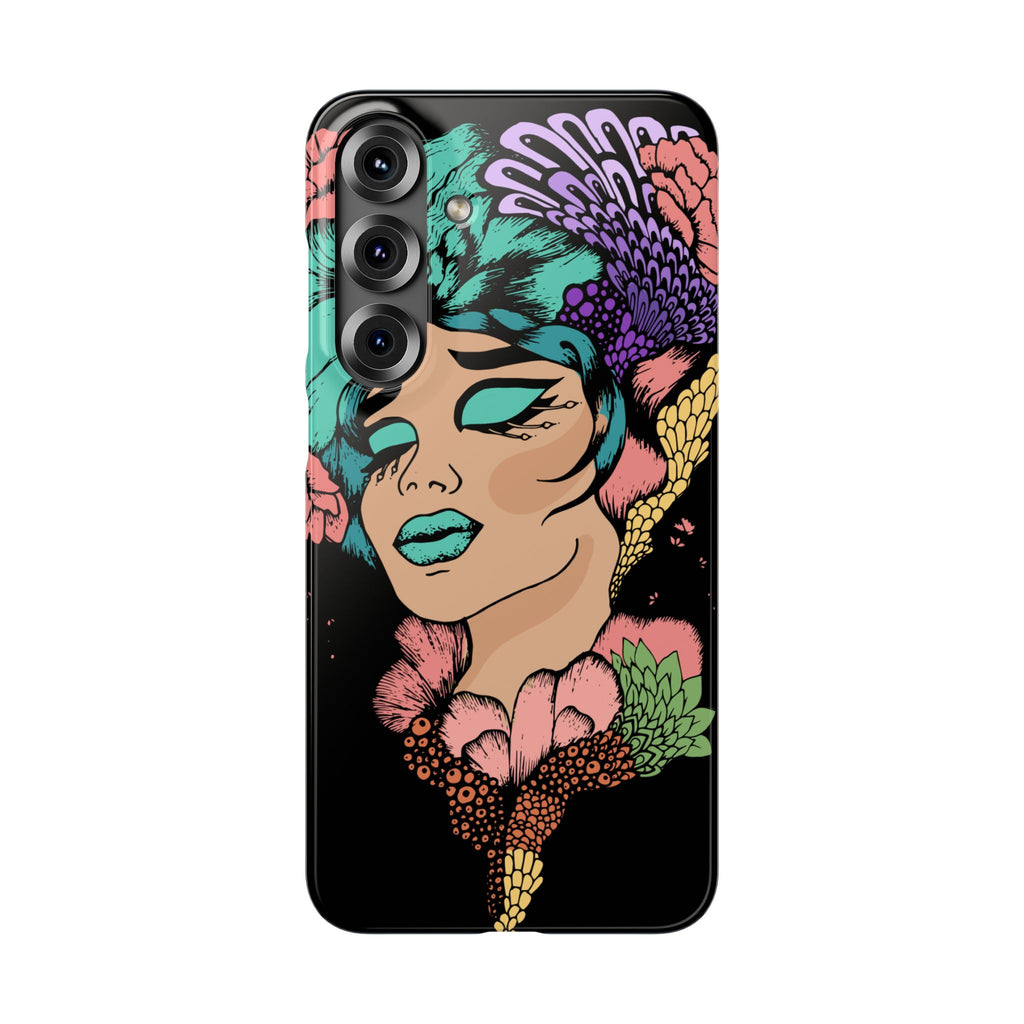 Phone case with a colorful design of a woman's face and floral elements on a black background